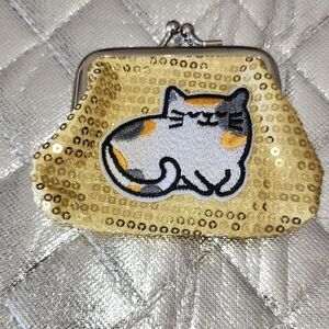 Hand Crafted Gold Kiss Lock Cat Sequin Purse